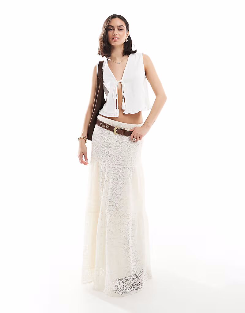 

Юбка миди Stradivarius boho кружева цвета экрю