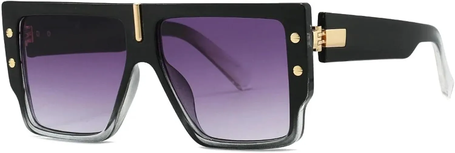 

Роскошные солнцезащитные очки с плоской верхней частью для женщин и мужчин, винтажные, увеличенного размера, популярные, с заклепками TVTBBVV, Black Gray