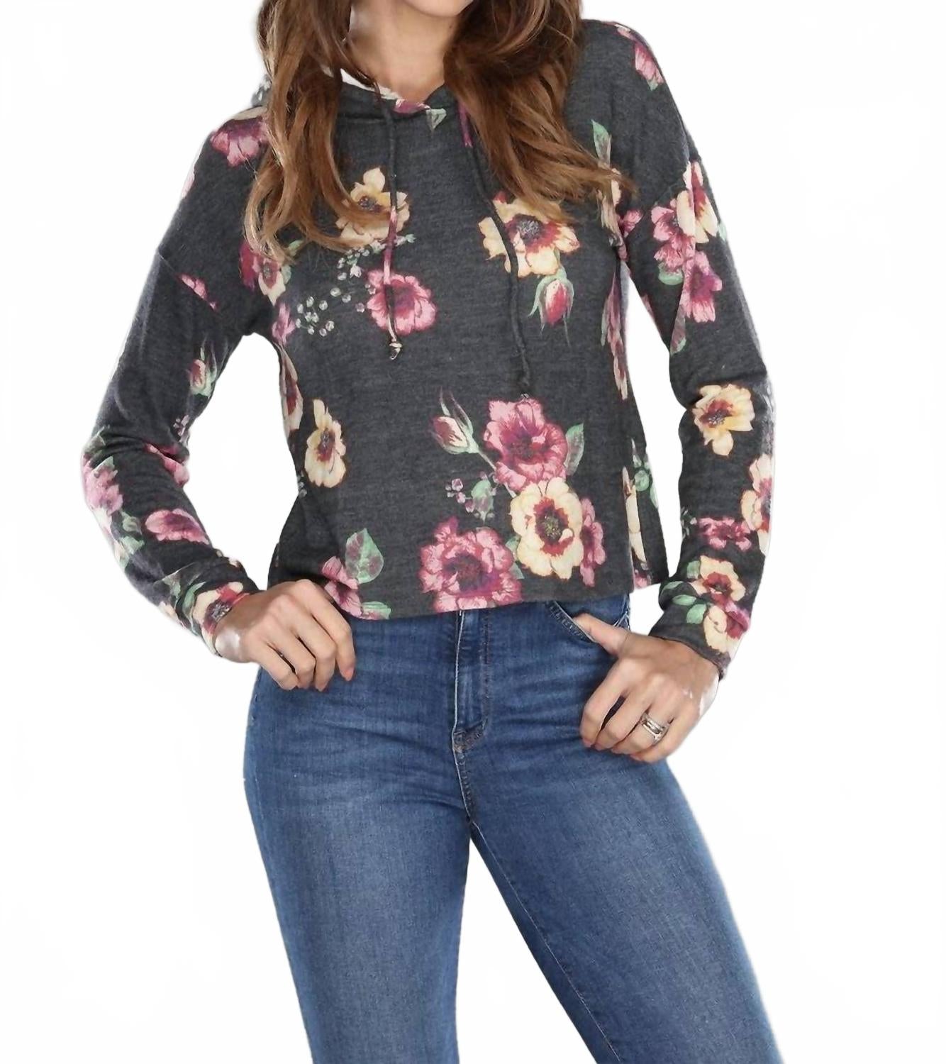 

Черный худи с цветочным принтом на флисовой подкладке Miss Chievous