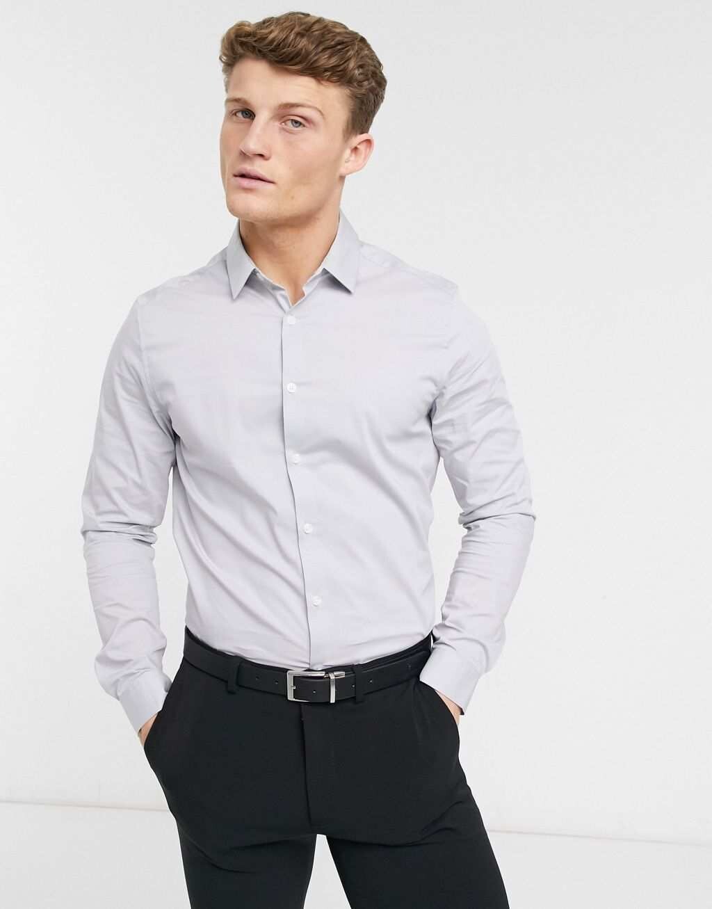 

Серая рабочая рубашка узкого кроя стрейч ASOS DESIGN
