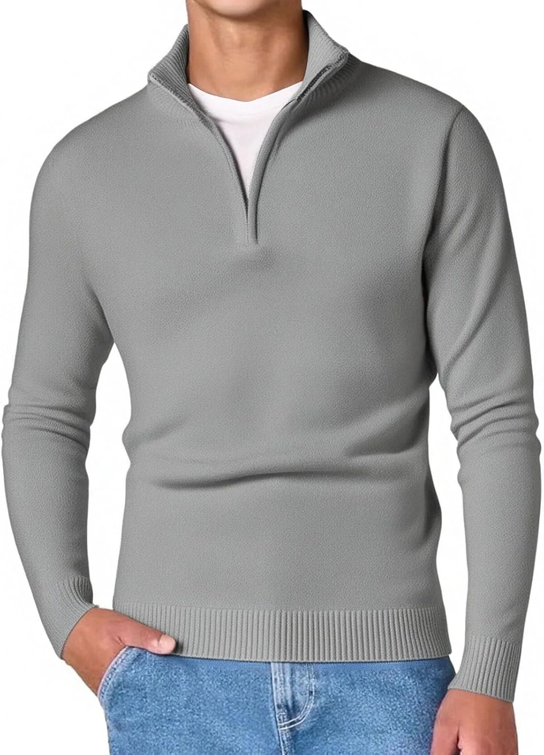 Мужской пуловер с воротником стойкой и молнией на 3/4, Slim Fit, серый — фото 2