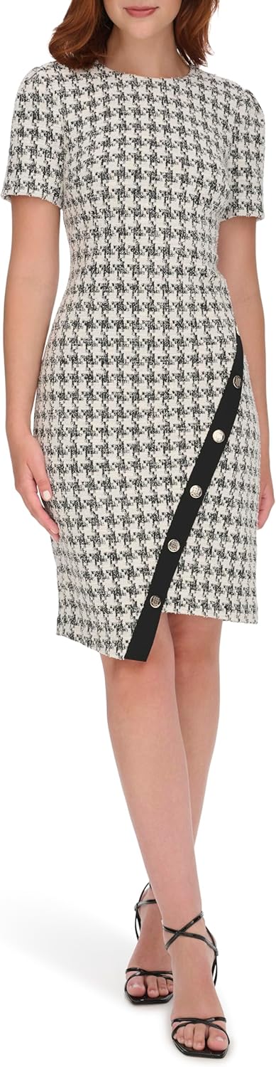 

Женское платье Tommy Hilfiger с пикселизированным узором «гусиная лапка» и асимметричным подолом, отделкой пуговицами, Black/Pearl