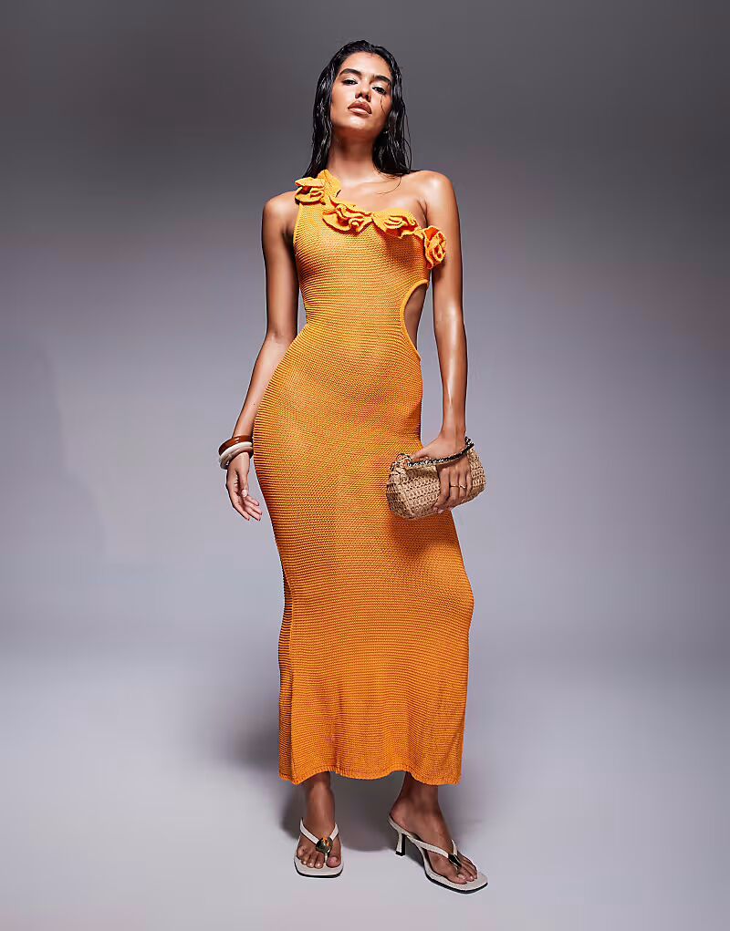 

Длинное платье River Island на одно плечо, связанное крючком, оранжевого цвета