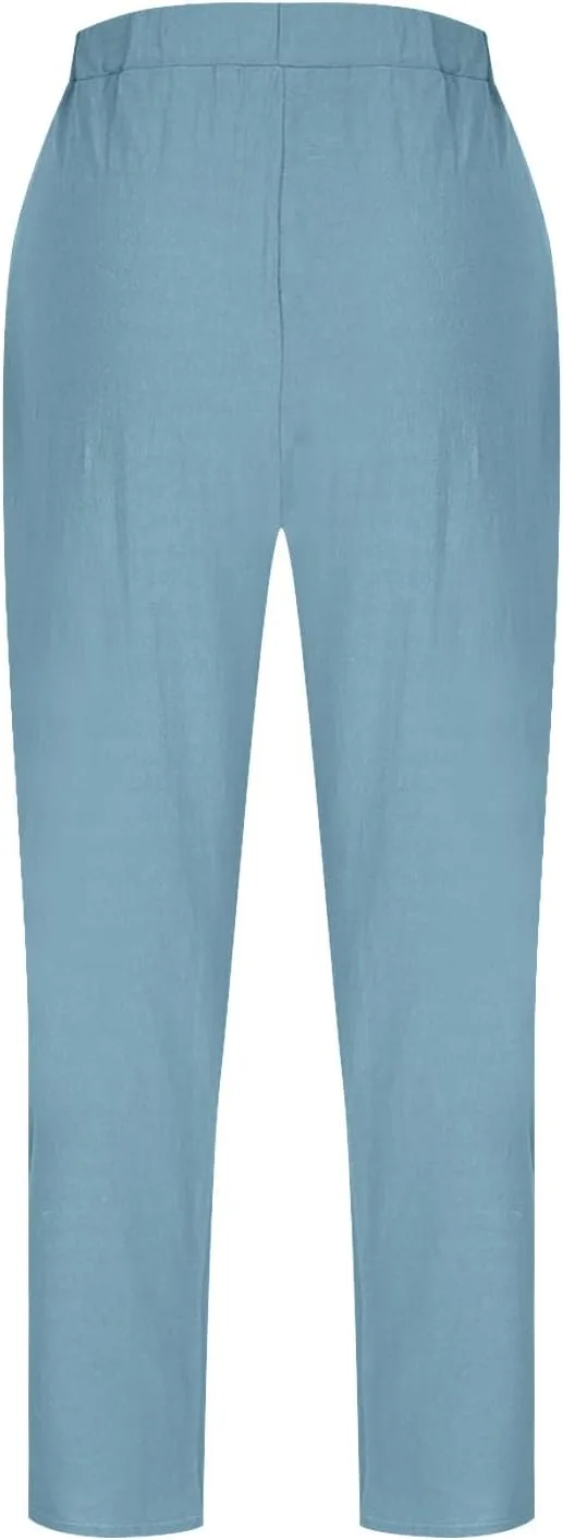 Женские брюки прямого кроя Cotton Linen Casual с эластичным поясом и карманами — фото 4