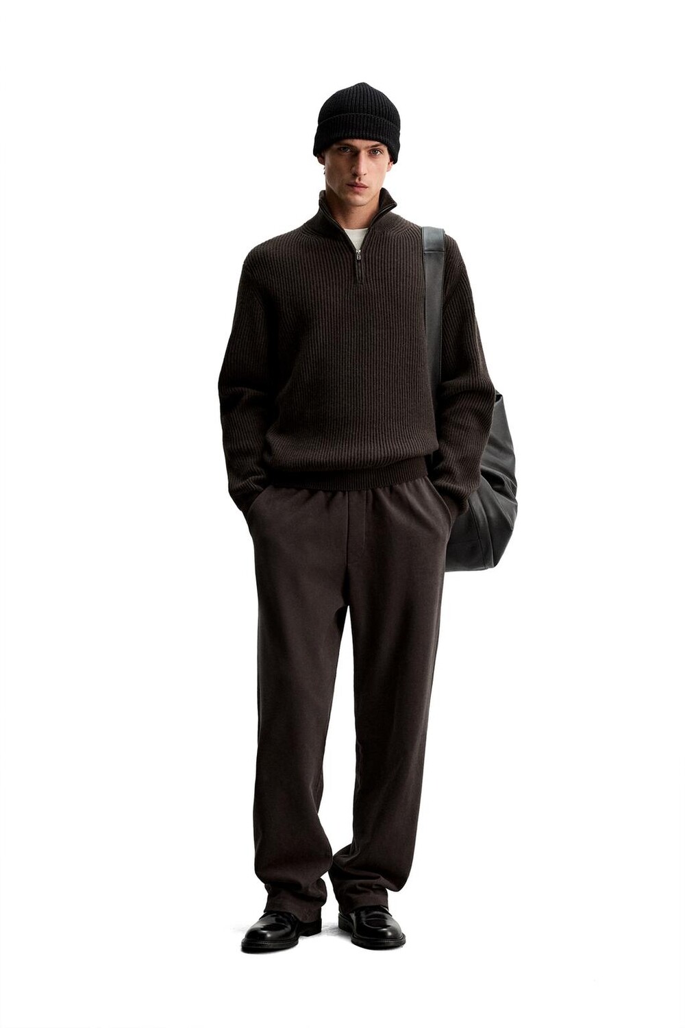 

Свитер из хлопка и кашемира на молнии ZARA, темно-коричневый