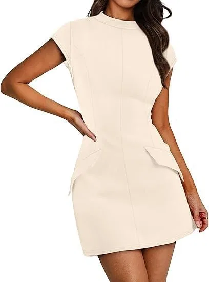 Женское платье с круглым вырезом и короткими рукавами Generic, Apricot