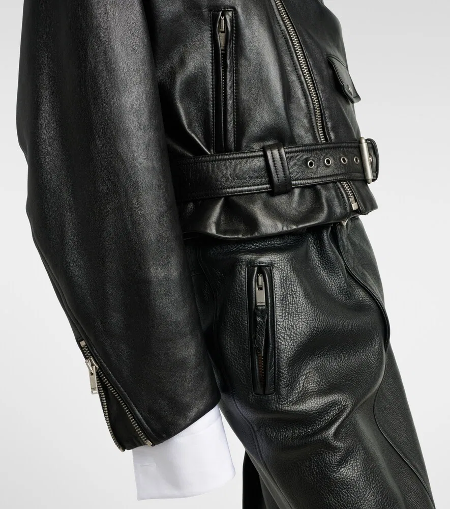 Укороченная кожаная байкерская куртка Saint Laurent, черный — фото 4