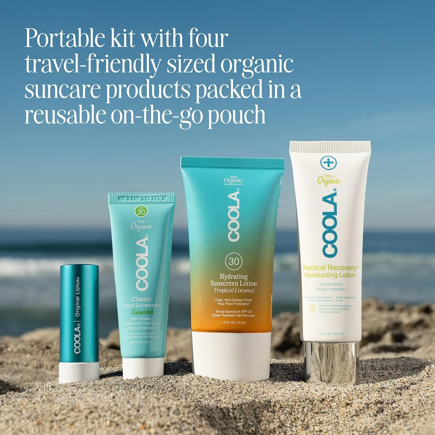 Набор COOLA Organic Sunscreen and Lip Balm SPF 30 Sun Essentials Kit, протестирован дерматологами и одобрен TSA, веганский и безглютеновый, всего 4 предмета. — фото 2
