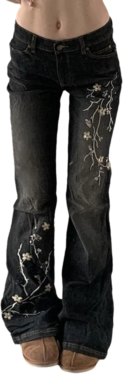 

Джинсы с цветочной вышивкой vintage 2000s low rise flared ENFUSO