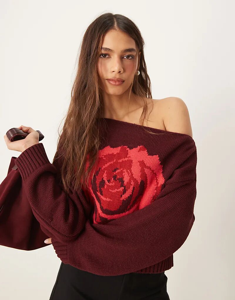 

Свободный вязаный джемпер с открытыми плечами и розой Miss Selfridge