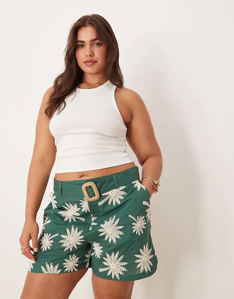 

Беговые шорты ASOS DESIGN Curve с вышивкой и поясом зеленого цвета