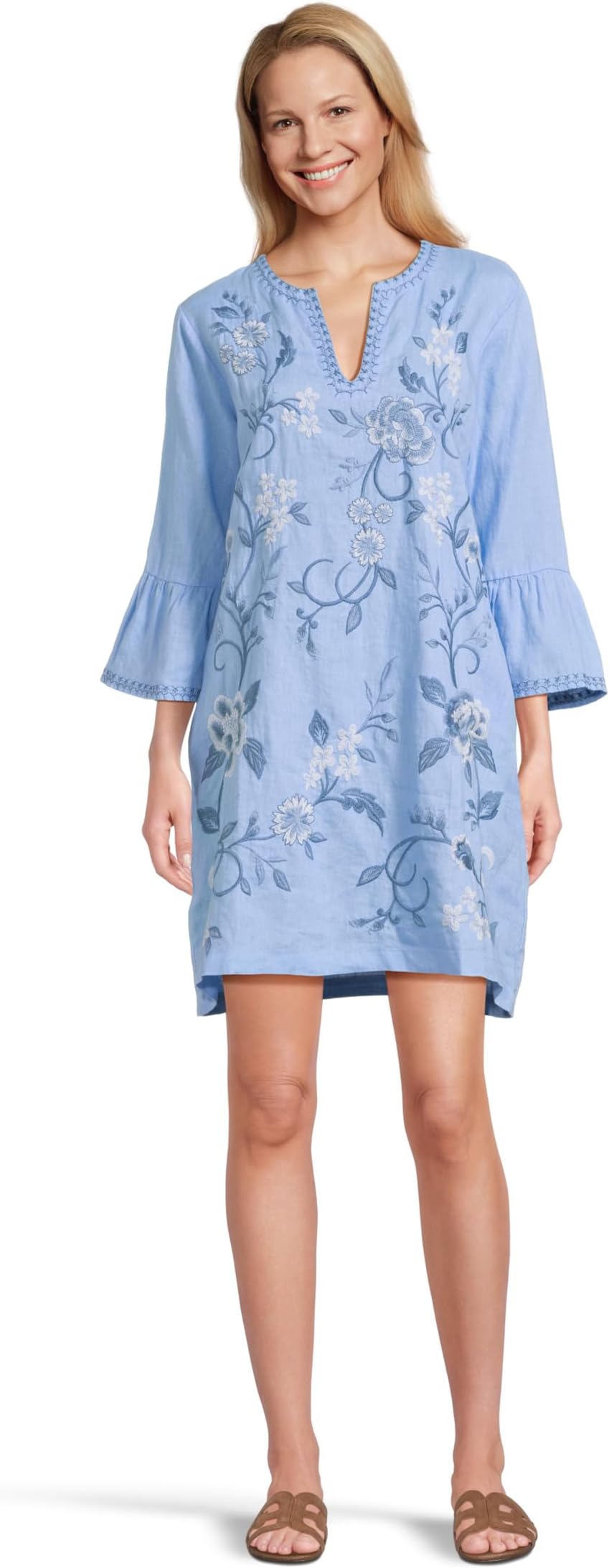 

Платье Johnny Was Ruffle Sleeve Linen Dress, Della Robbia Blue