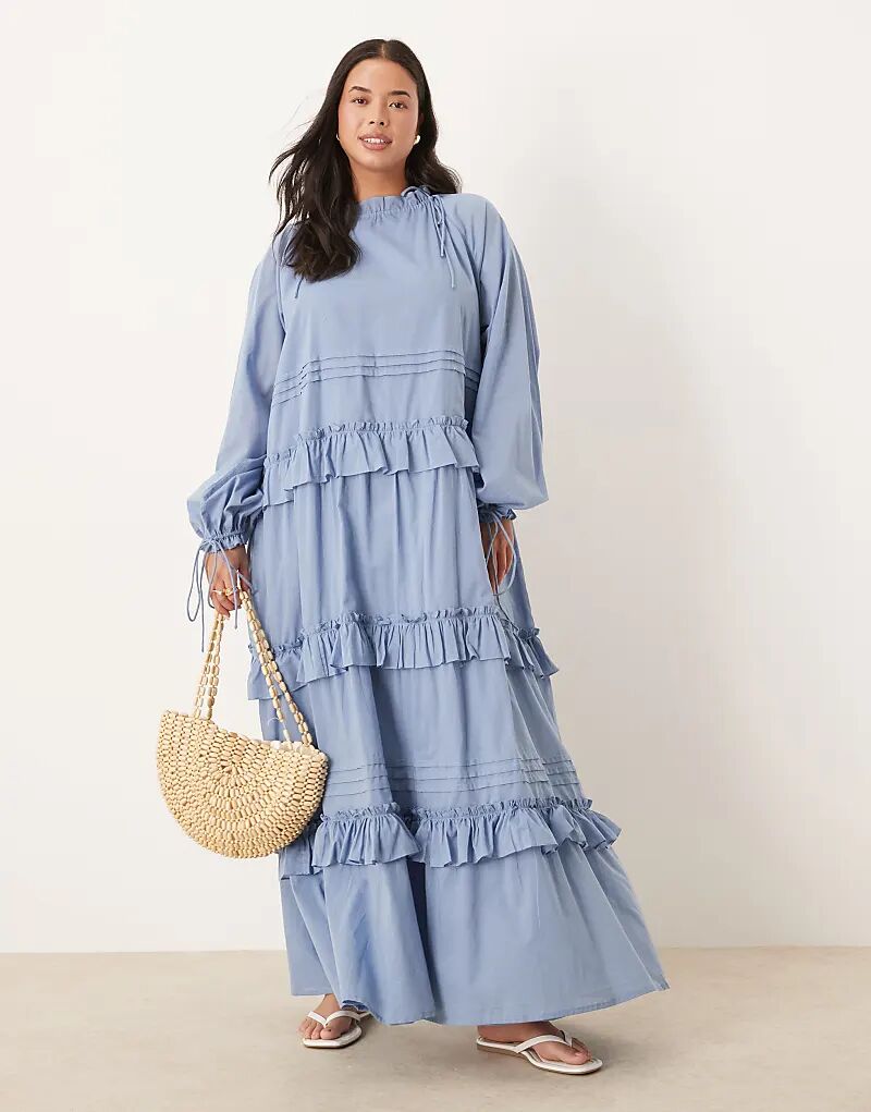 

Длинное платье ASOS DESIGN Curve с многоуровневыми оборками и завязками дымчато-синего цвета Asos Curve