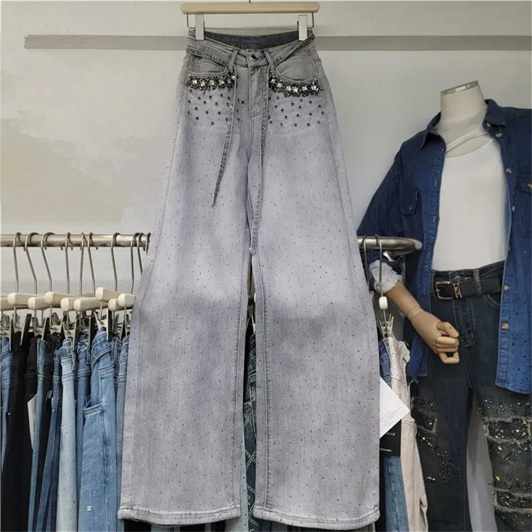 Джинсы деним Grey, Women High Waist Straight Jeans Heavy Spliced Diamond Design Vintage Denim Pants Summer Casual Chic — фото 4