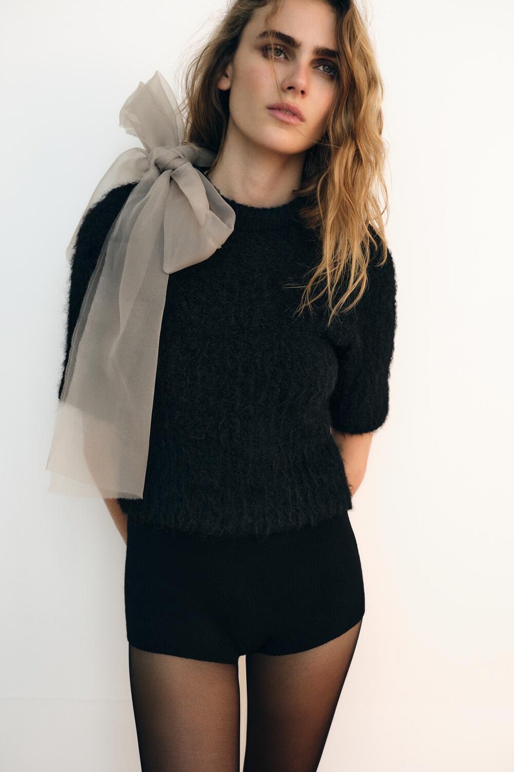 

Вязаный топ с бантом из органзы ZARA, черный