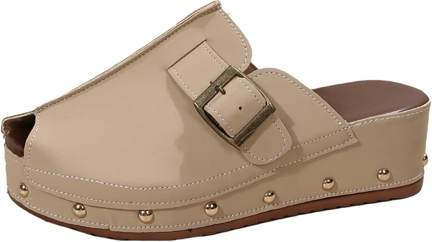 

Босоножки на танкетке с пряжкой для женщин, стильные с заклепками, слайд-сандалии, повседневные бохо-сандалии для лета и пляжа, с вырезами, удобные для отпуска, с поддержкой свода стопы, для прогулок по пляжу, римские сандалии Generic, бежевый