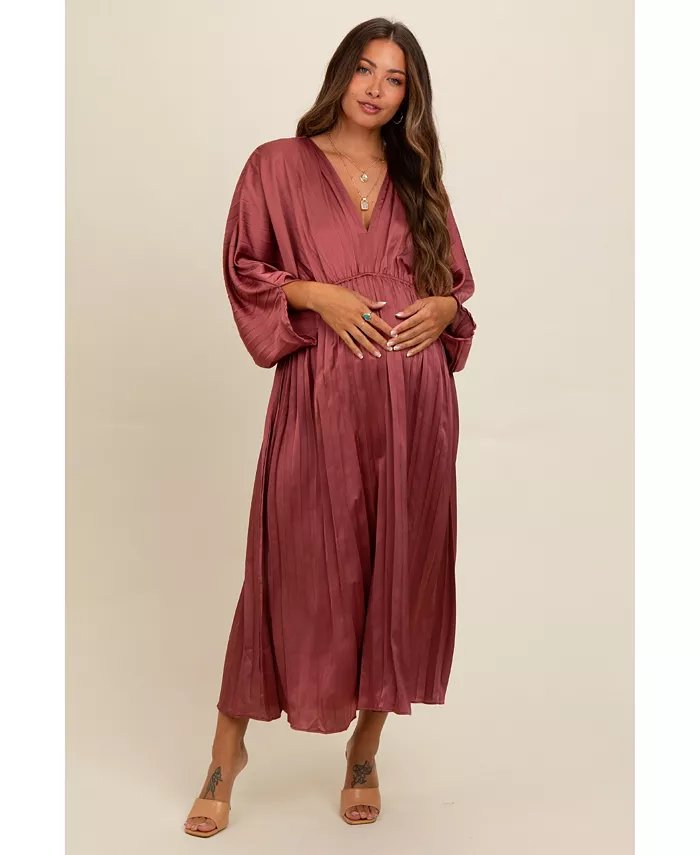 

Беременное платье макси с V-образным вырезом и плиссированной юбкой из сатина цвета лесной зелени Pinkblush