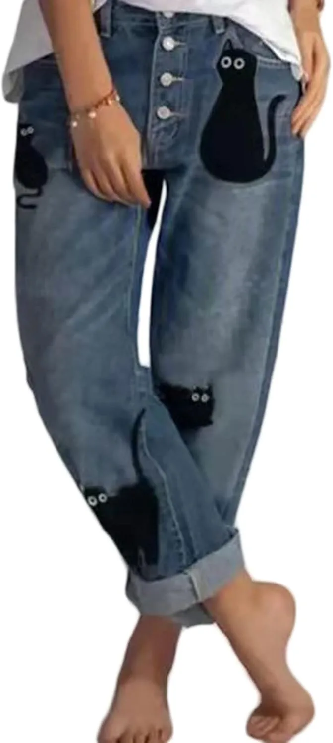 

Женские джинсы CHARTOU с принтом кошки, свободные, на пуговицах