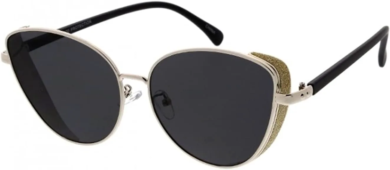 

Женские солнцезащитные очки Fashion Culture с блестящими боковыми накладками и металлическими вставками в форме «кошачьего глаза» Frame & Optic, Silver/Gold Glitter