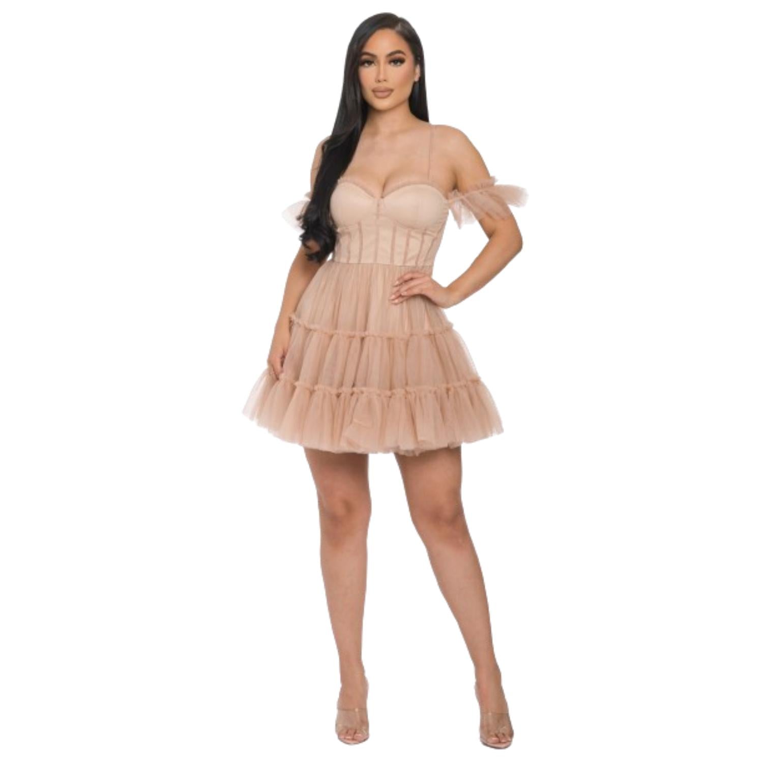 

Мини-платье с открытыми плечами и пышной юбкой FASHNZFAB, цвет nude