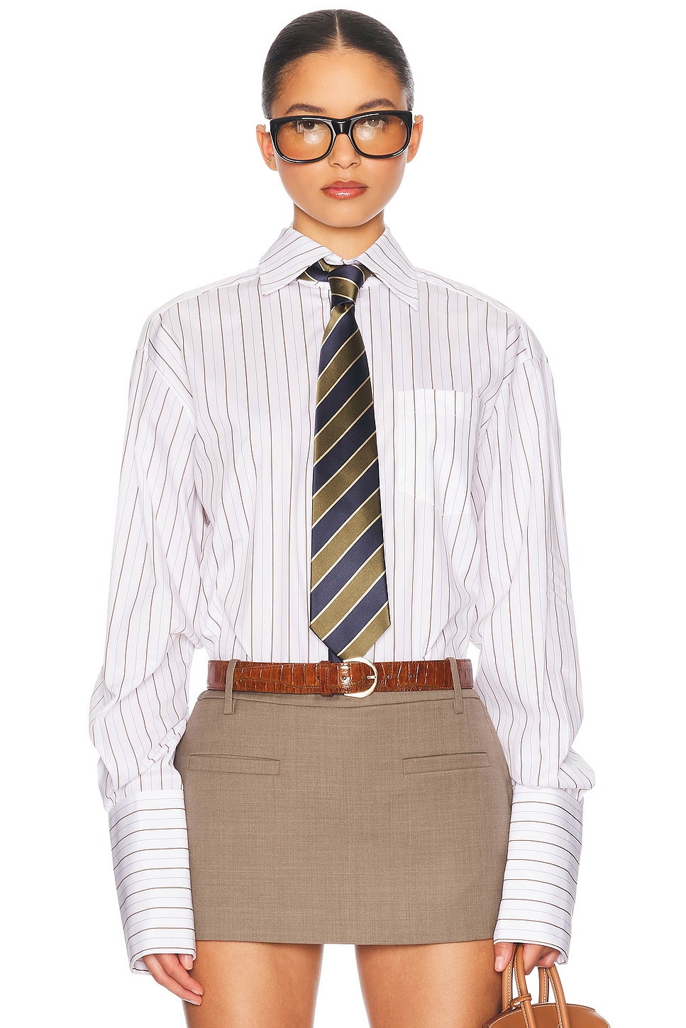 

Классическая полосатая поплиновая рубашка Helsa, White & Brown Stripe
