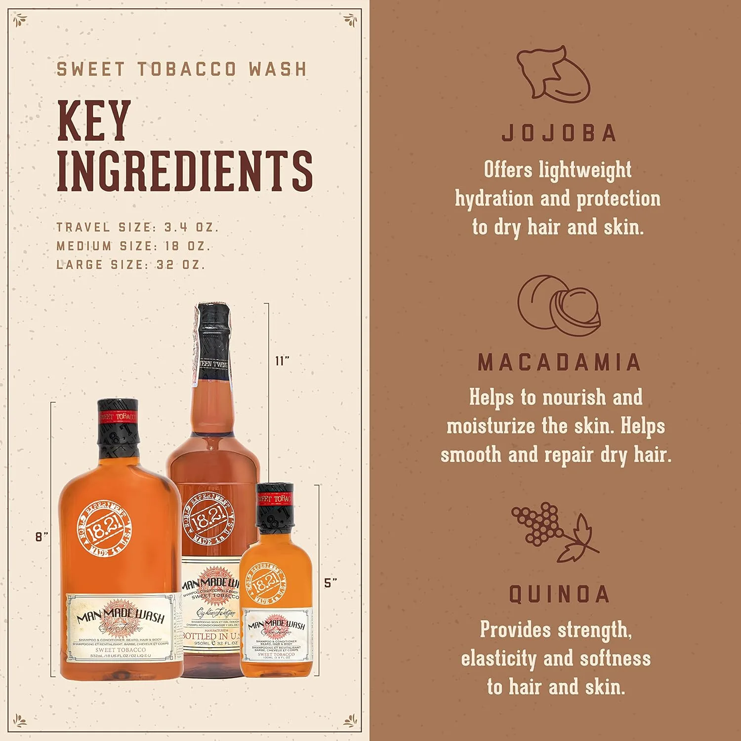 18.21 man made sweet tobacco wash & spiced vanilla 3-в-1, набор из 2 средств по 18 унций (510 г), для всех типов волос и кожи мужчин, укрепляет и увлажняет с мужественным ароматом — фото 3