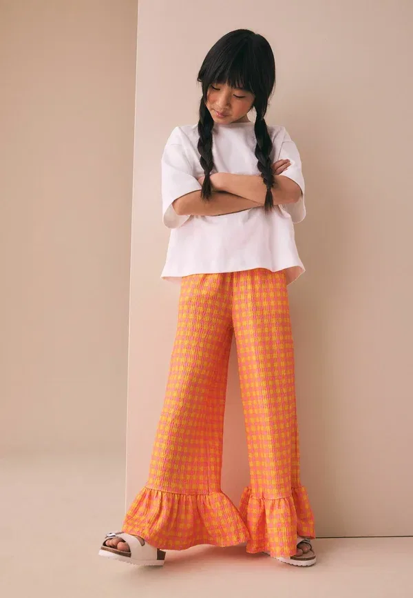 Брюки Next Regular fit frill hem textured trousers, розово-желтая клетка