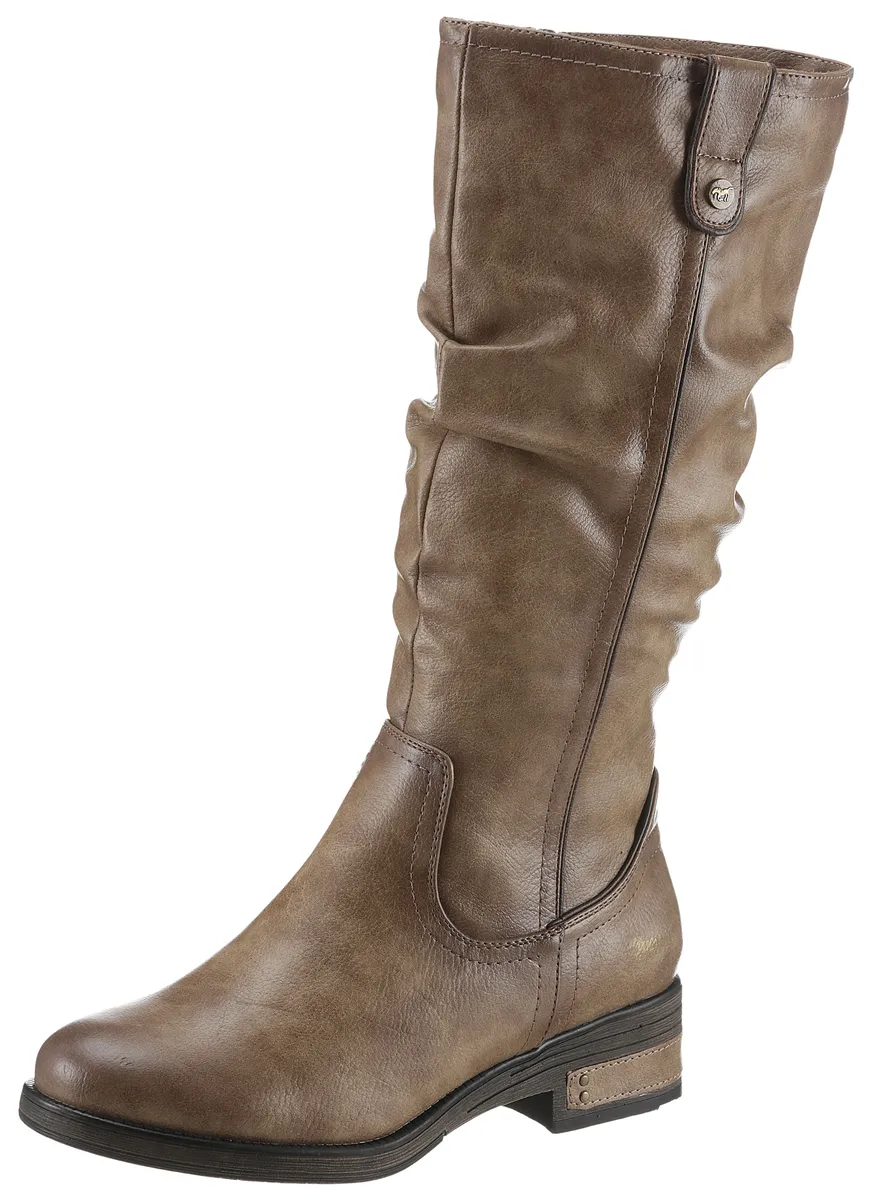 Зимние ботинки Mustang Shoes, ботинки с длинным голенищем, блочный каблук, с рюшами на голенище с напуском, коричневый