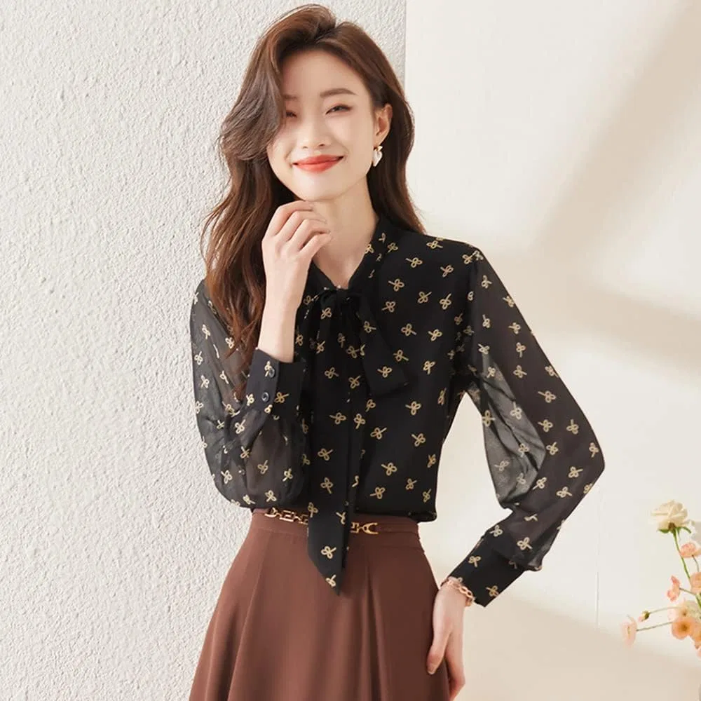 Блуза с бантом, цветочным принтом, Pullover Bowtie Blouse, черный — фото 4