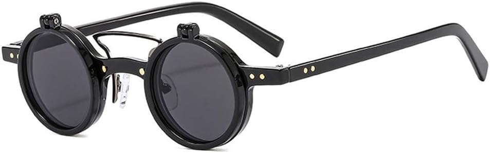 

Популярные модные маленькие круглые панк-солнцезащитные очки с двойной перемычкой для женщин, ретро-очки с откидными линзами, защита от УФ-излучения UV400, мужские солнцезащитные очки с заклепками WNCKSQ, Black Grey