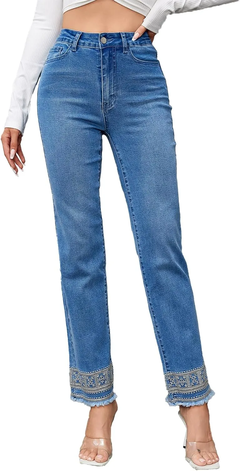 

Женские джинсы Mid Waisted Straight Leg с эффектом растяжки, вышивкой и необработанным краем VigorFusion