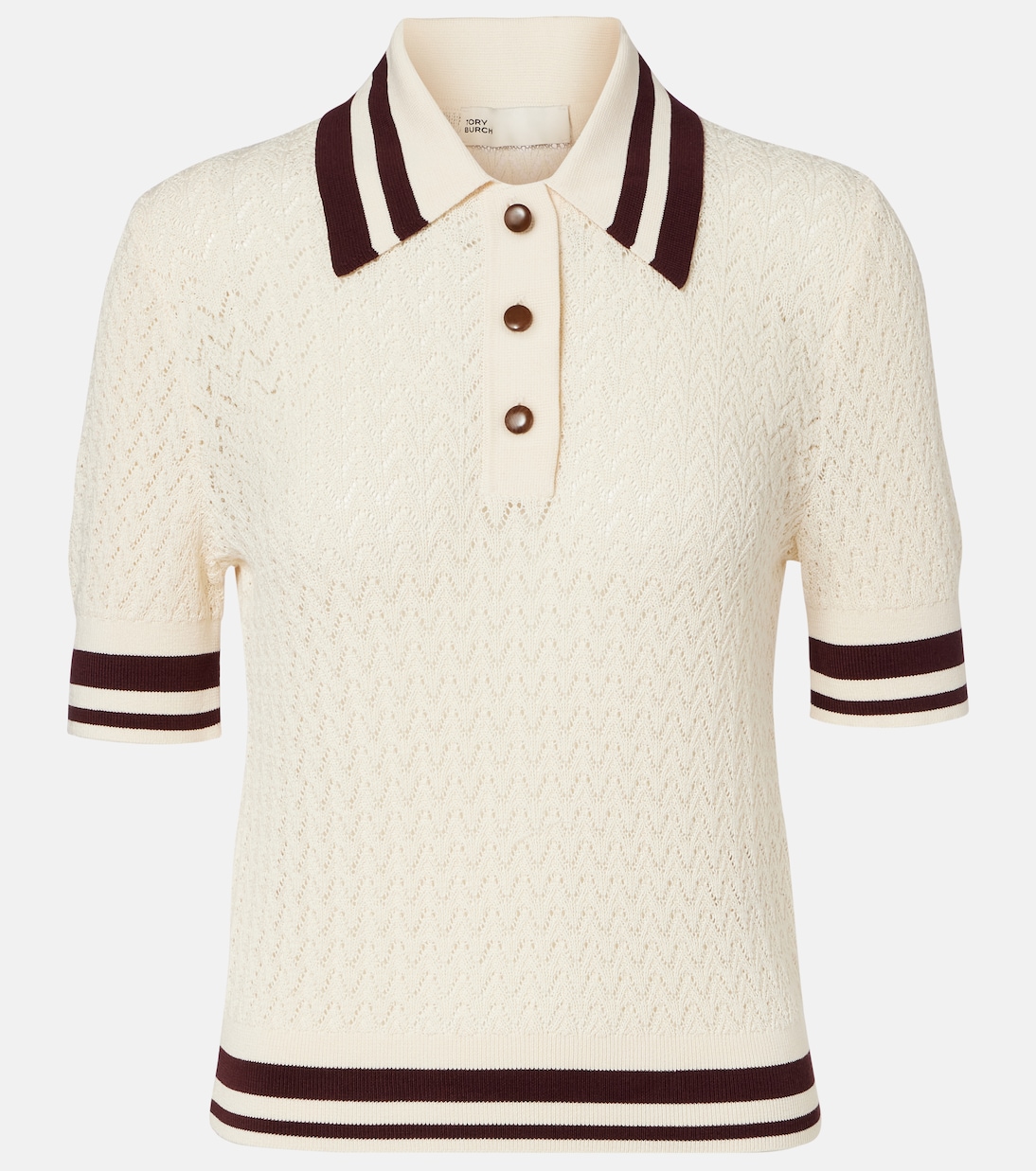 

Рубашка-поло из хлопка с ажурным узором Tory Burch, New Ivory-Merlot