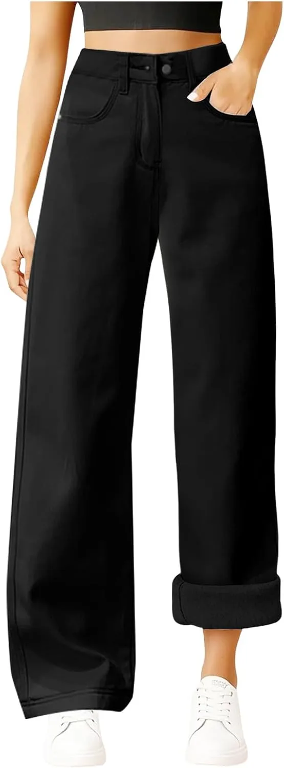 

Женские джинсы wide leg с флисовой подкладкой, stretchy, baggy, high waisted, straight leg, зимние, теплые, sherpa, flannel