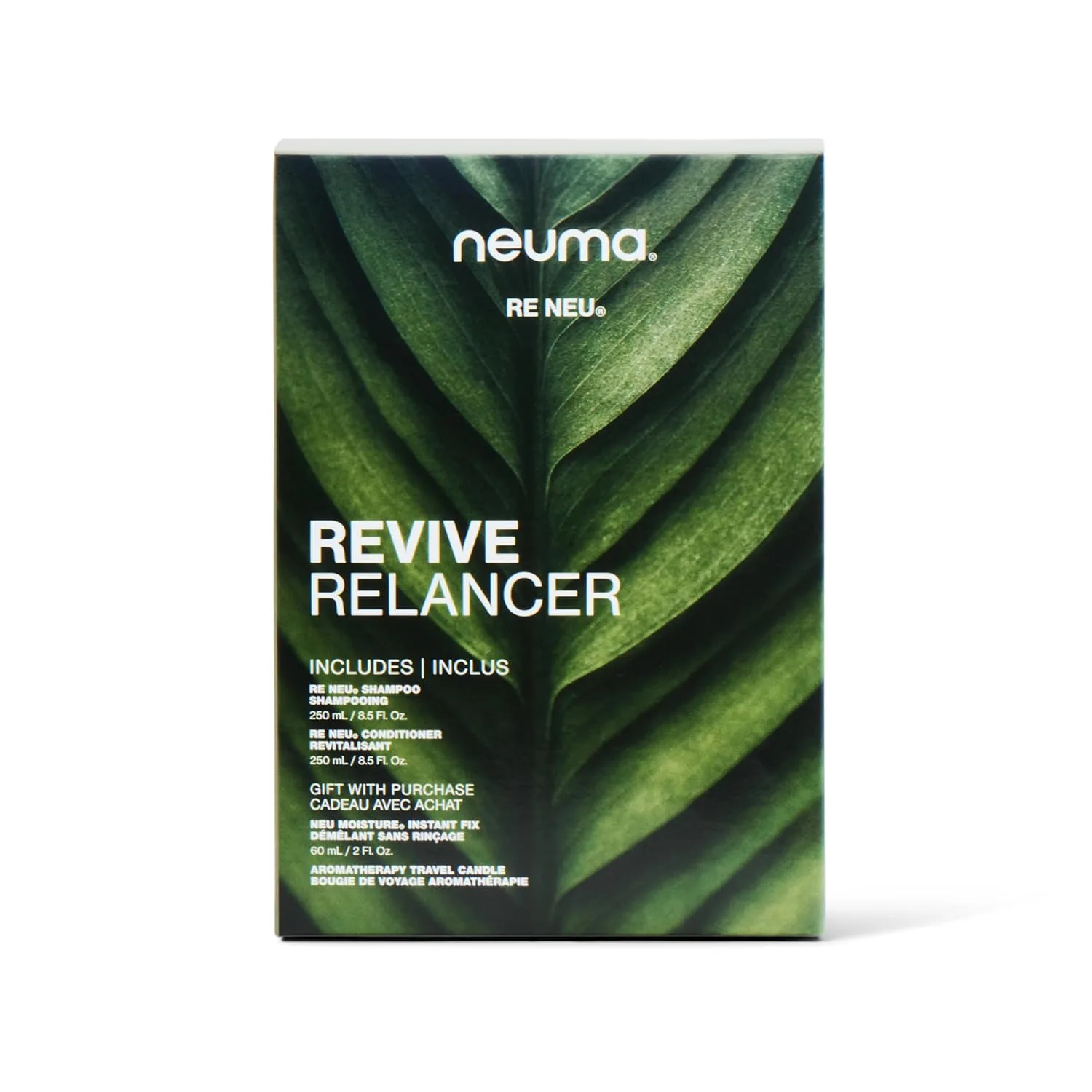 NEUMA Glow Strong. Glow Bright. Revive Gift Set. Re Neu 8.5 Fl Oz. Шампунь и кондиционер + Neu Moisture 2 Fl. Oz. Instant Fix + Aroma Therapy Travel Candle