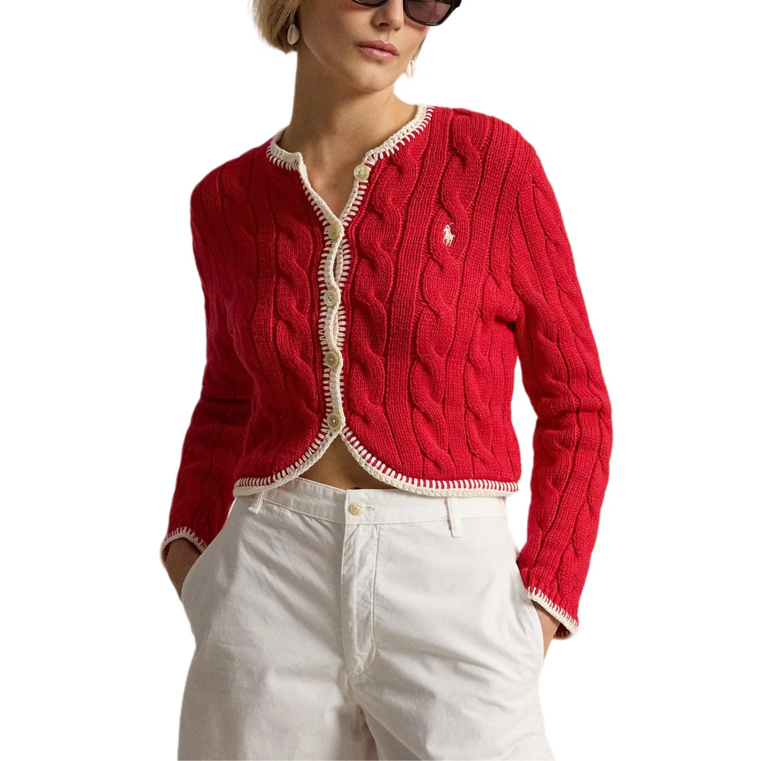 Вязаный кардиган укороченный коса Polo Ralph Lauren красный — фото 3