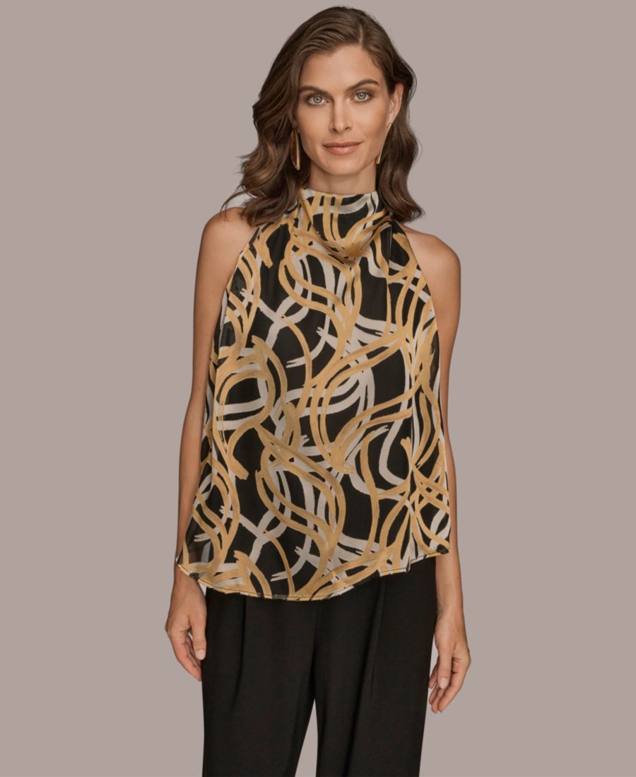 

Женский топ с плиссированными плечами и оригинальным выцветшим узором, с завязками на шее Donna Karan New York, Black/Fawn/Tuscan Gray