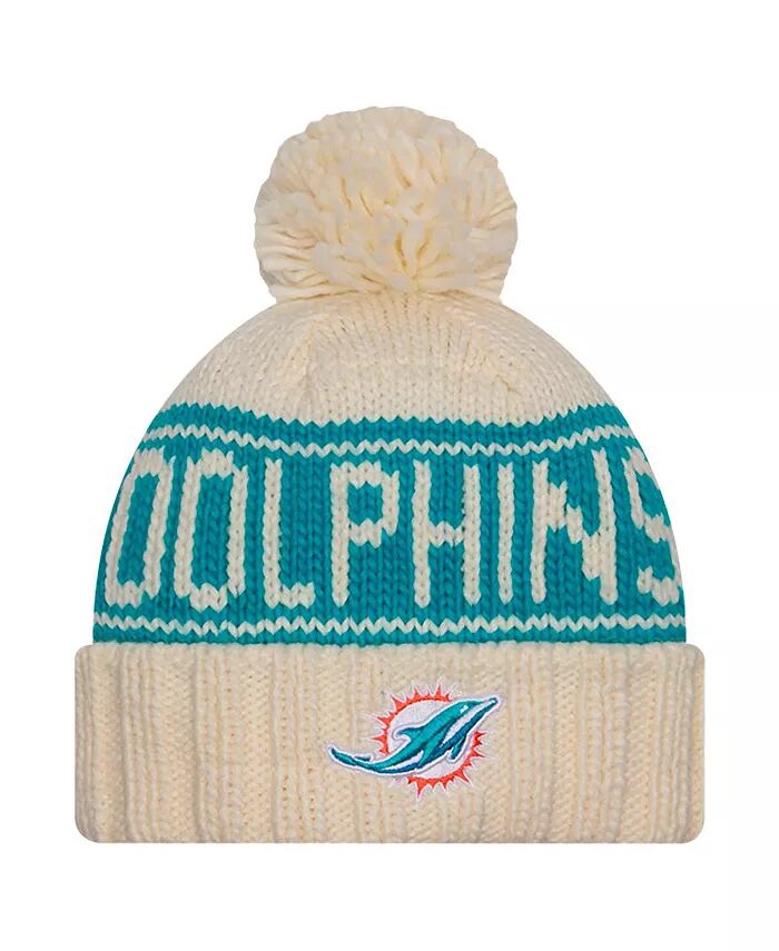 

Женская кремовая вязаная шапка Miami Dolphins 2024 Sideline с манжетами и помпоном New Era