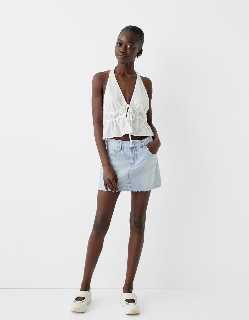 

Мини-Юбка из денима со стразами Bershka, голубой