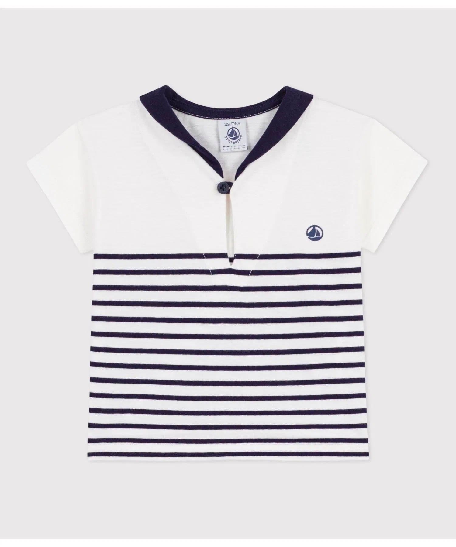 Детская футболка в полоску с воротником моряка PETIT BATEAU бело-синяя