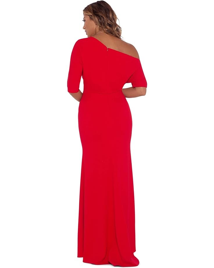 

Платье Betsy & Adam Long Scuba Crepe Over-the-Shoulder Gown, красный
