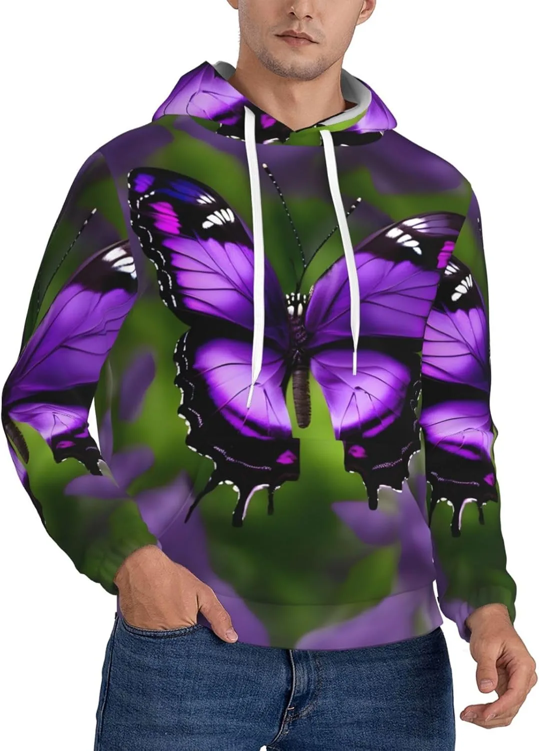 

Мужская флисовая толстовка с капюшоном X-Large, мягкая и теплая, с карманом, модный принт Purple Butterfly SamLng