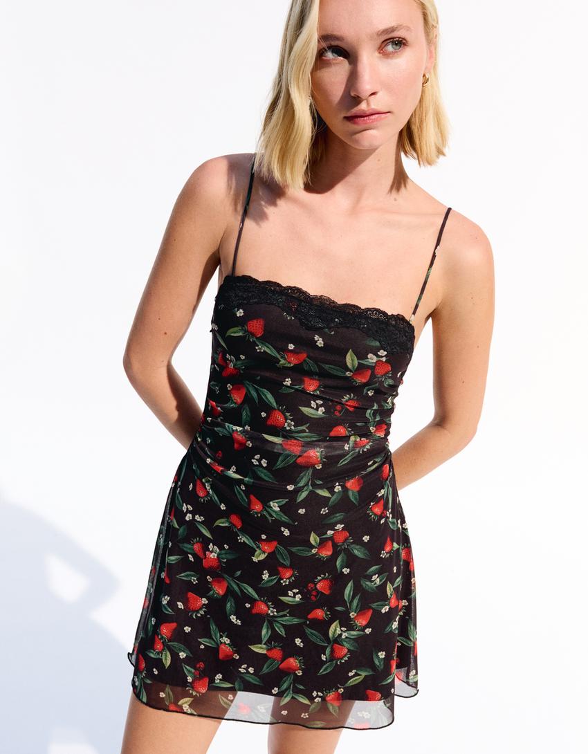 

Мини-Платье из тюля с принтом Bershka, черный