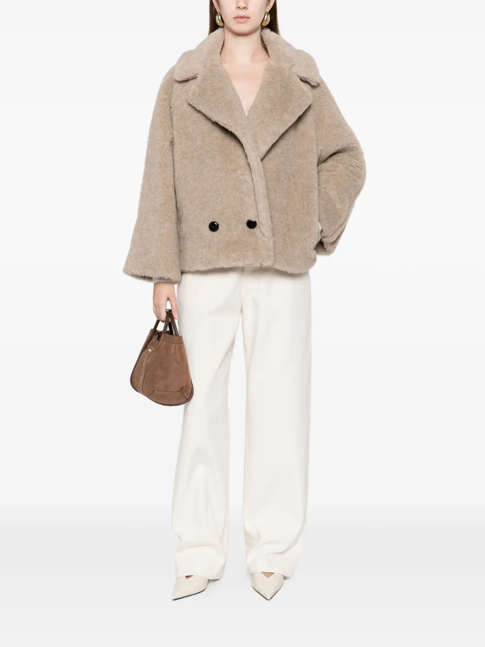 Короткое двубортное пальто с широкими лацканами Max Mara, нейтральный — фото 2