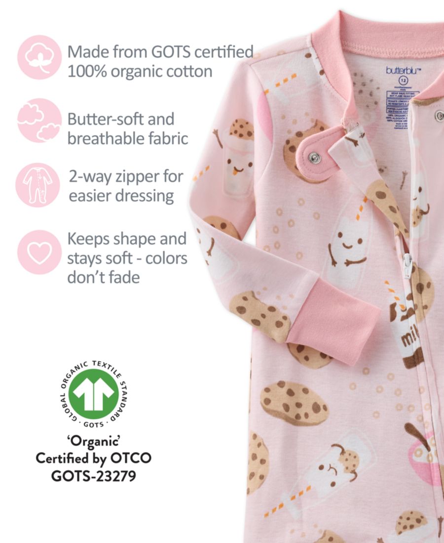 Детский комбинезон для сна и игр Baby Girls Scout с двусторонней молнией и закрытыми ножками butterblu, Pink Milk N Cookie Crew — фото 4