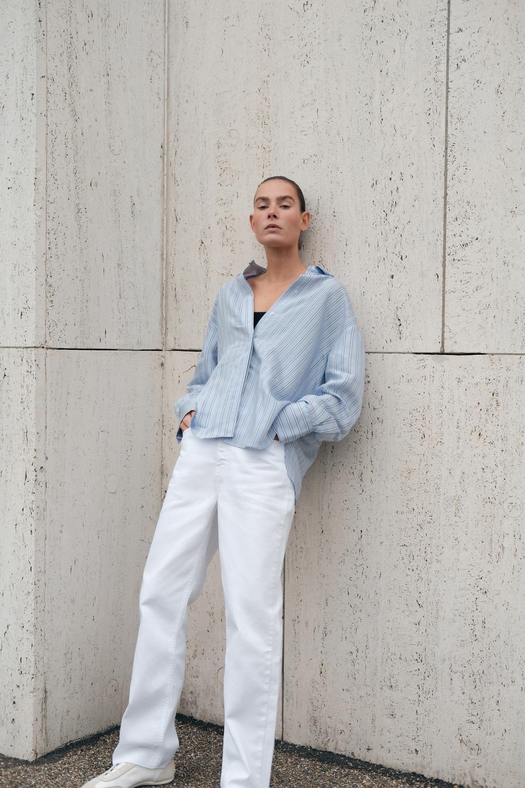 

Рубашка оверсайз в бисерную полоску ZARA, цвет Blue/White