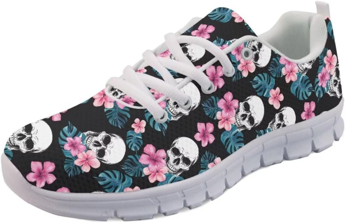 

Кроссовки Forchrinse для женщин и мужчин, повседневные обувь на шнуровке, дышащие легкие теннисные кроссовки для тренировок и ходьбы, Skull Hawaiian Hibiscus Print
