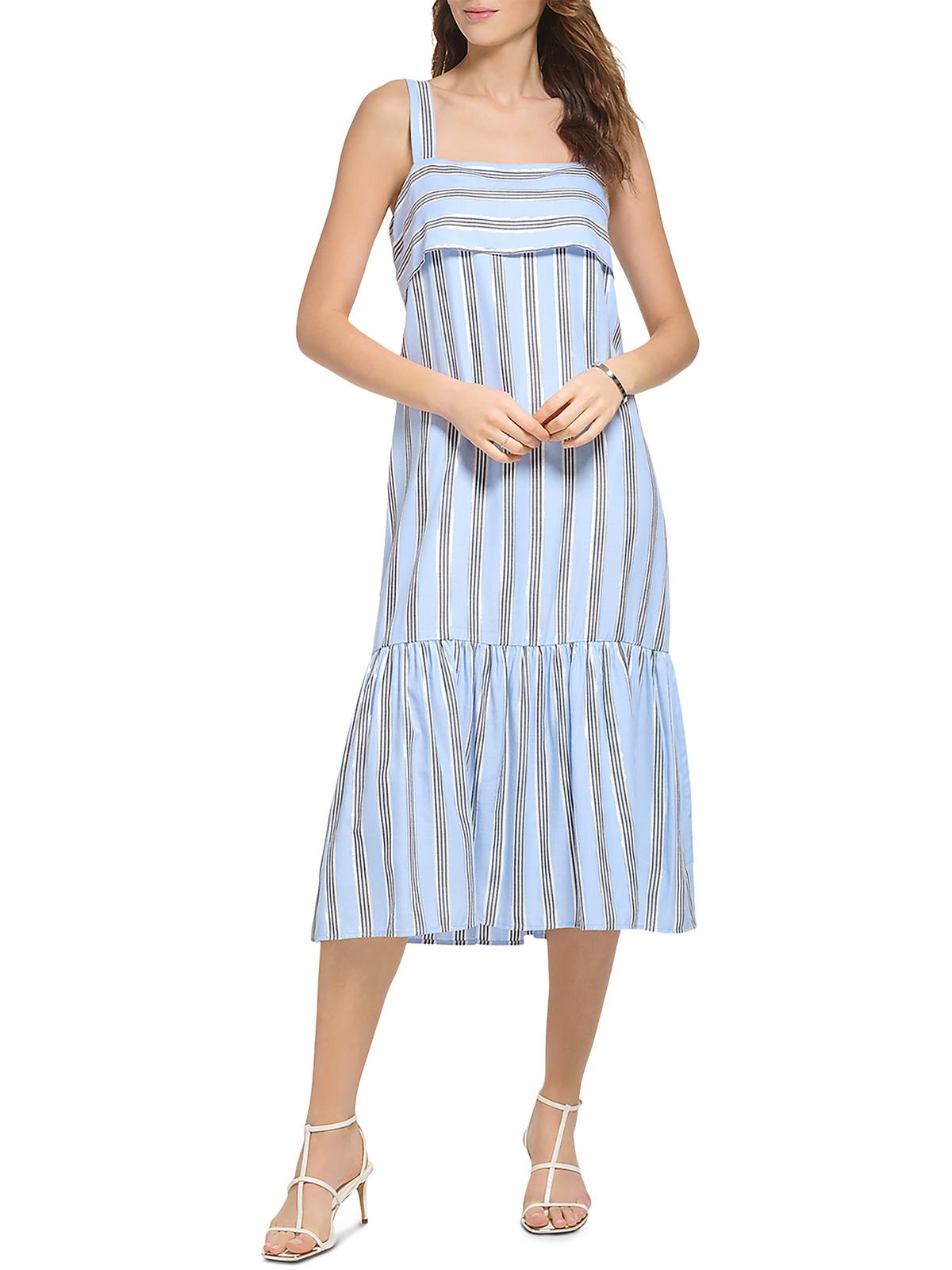 

Женское платье миди в металлическую полоску DKNY, цвет frosting blue combo