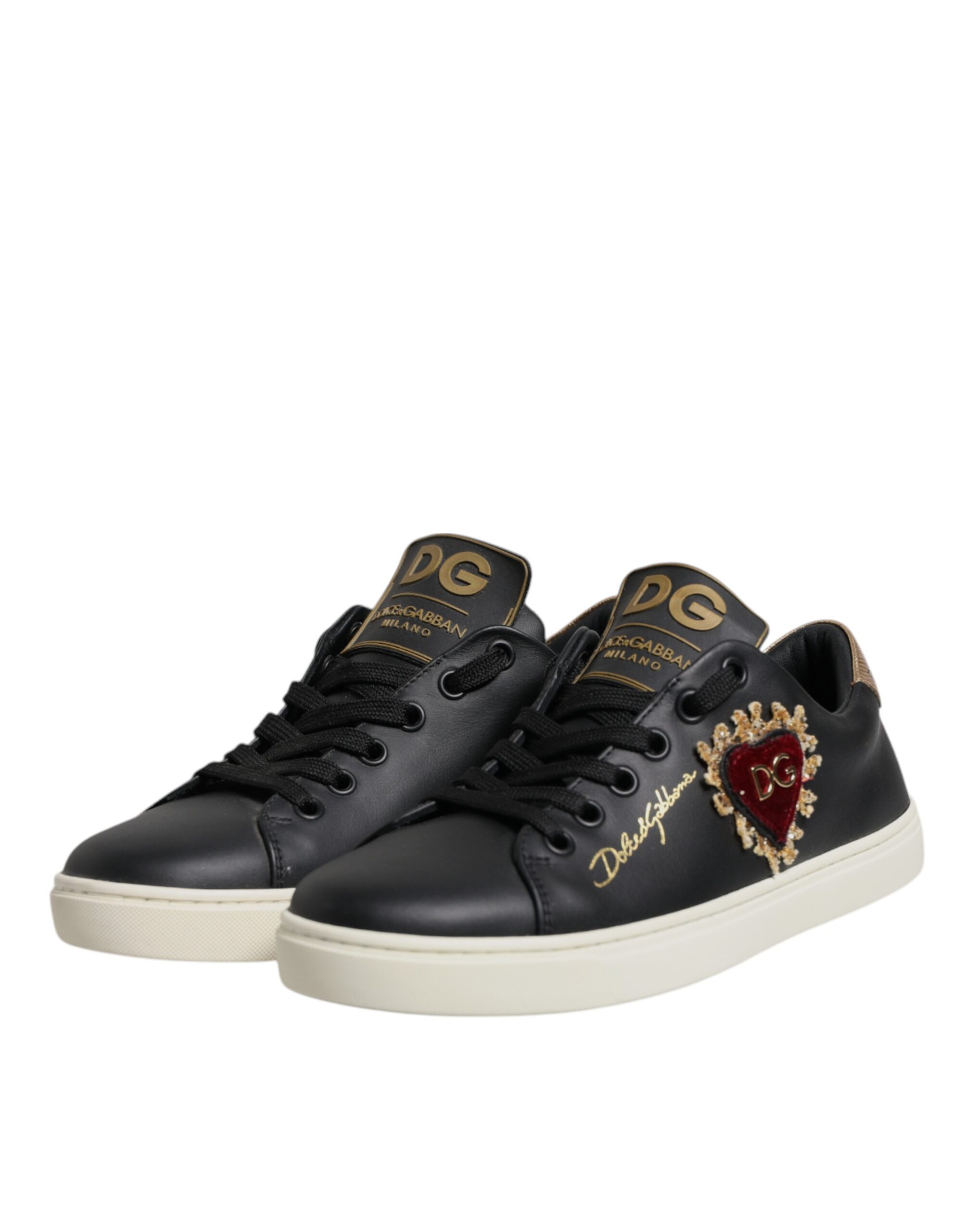 Черные кожаные кроссовки с золотым красным сердцем Dolce & Gabbana — фото 4