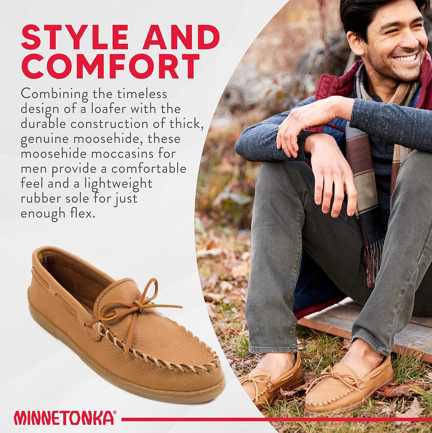Мокасины Minnetonka для мужчин из оленьей кожи Moosehide, Natural - Classic — фото 4