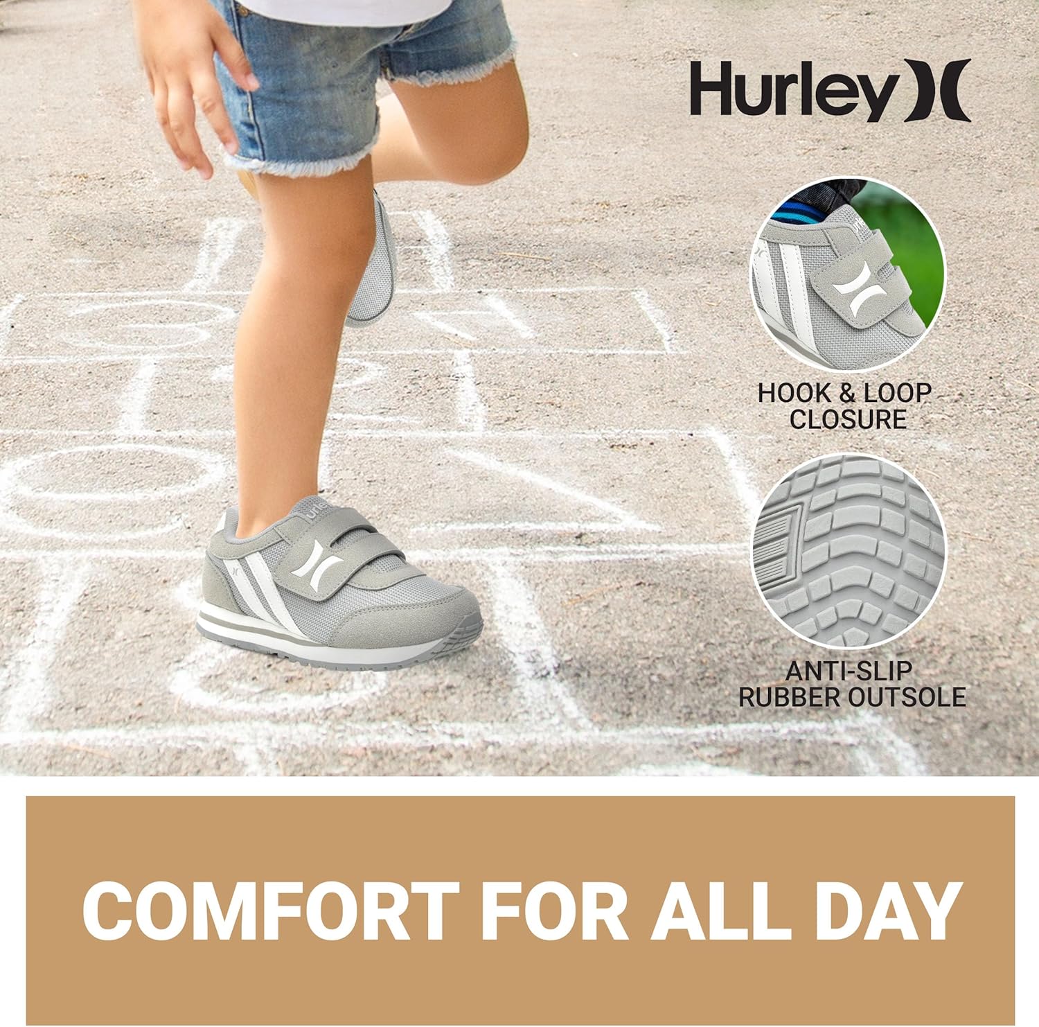 Детские кроссовки Hurley Kid's Knox для ходьбы - детские кроссовки с липучкой для легкого надевания, легкие обувь для бега и ходьбы для мальчиков и девочек, кроссовки для малышей, белый/серый — фото 4